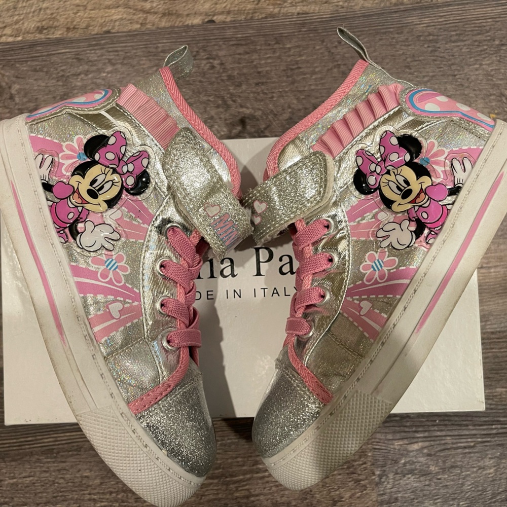 Silver glitter sneakers with Minnie Mouse and pink accents.  Size 12.